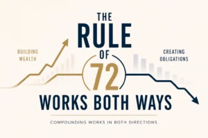 Rule of 72 graphic showing compounding building wealth or creating financial obligations.