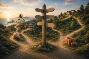 Multiple paths representing the financial choices and opportunity costs we face when deciding how to use money.